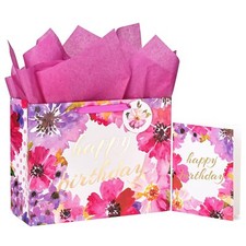13" Large Gift Bag with Card and Tissue Paper - Floral Gold Foil Happy Birthday