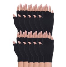 Pack of 12 Knitted Half Finger Winter Stretch Fingerless Black Gloves