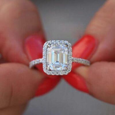 Halo 3 Ct Emerald Cut White Cubic Zirconia 925 Sterling Silver