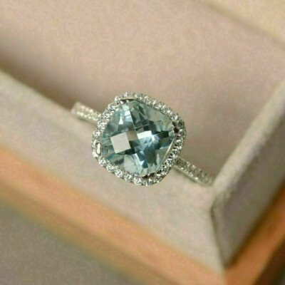 2.50Ct Cushion Cut Aquamarine Diamond Halo Engagement Ring 14K White Gold Finis