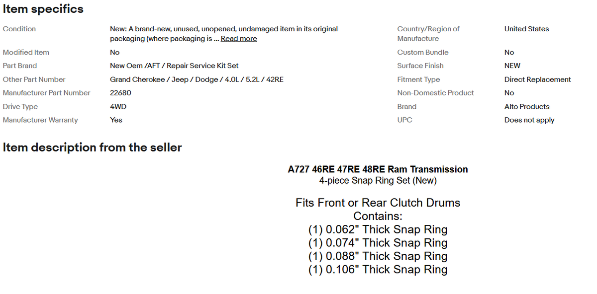 Thrust Plate & Bearing Kit For 42RE, A518, 46-47-48RE Transmissions - Fits Dodge/Jeep
