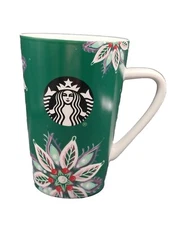 STARBUCKS HOLIDAY CHRISTMAS POINSETTIA FLORAL TRAVEL MUG  GREEN 14 OUNCES 