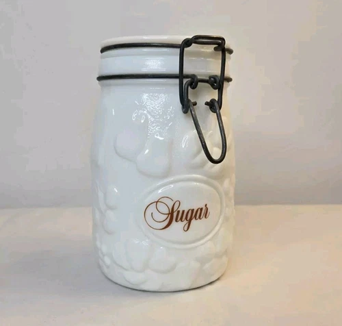 VTG Wheaton Fine Glassware Milk Glass Fruit Embossed 1L Sugar Jar Canister