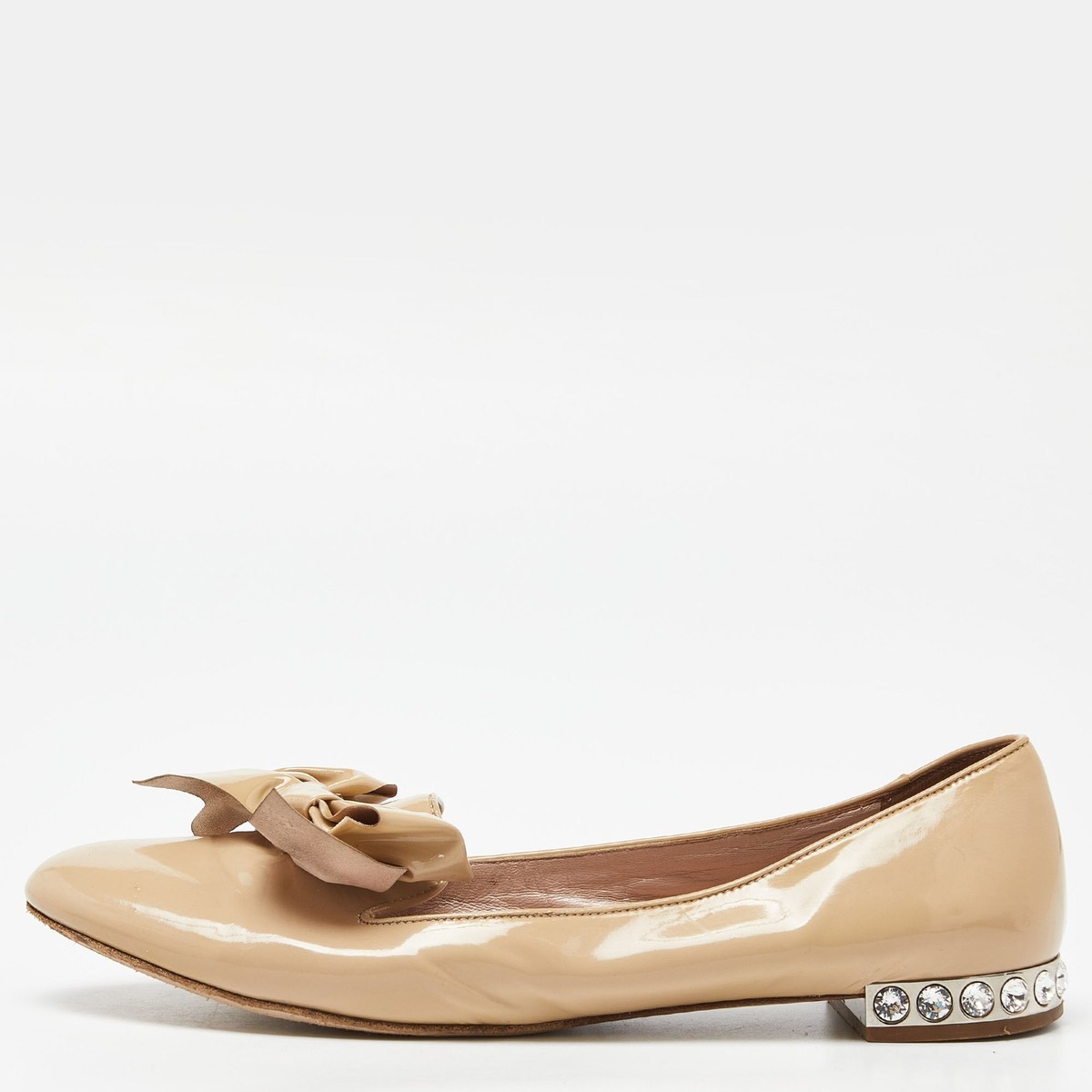 Miu Miu Beige Patent Leather Bow Detail Crystal Embellished