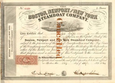 Boston, Newport and New York Steamboat Co. - Stock Certificate - Shipping Stoc