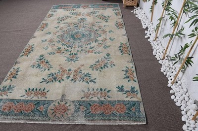 Turkish Rug, Large 5,3x10 ft Vintage Rug, Beige Blue Ikat Wool Rug