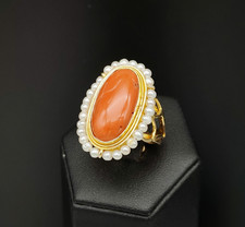 Anello donna stile antico vero corallo rosso perline argento 925 regolabile