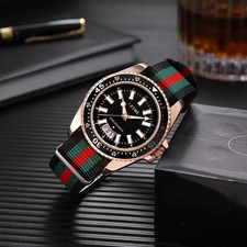 Mens Rose Gold Diver Style Wristwatch Nylon Strap Quartz Casual Sports Watch UK