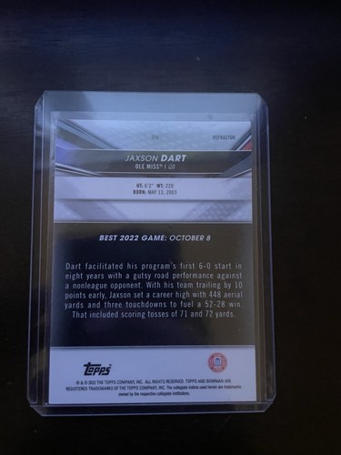 2022-23 Bowman's Best University JAXSON DART Silver Refractor #96 Rookie RC SP - Picture 2 of 2