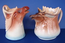 2 VINTAGE MOOSE ELK DEER ANTLER FIGURAL CREAMER MADE IN CZECHOSLOVAKIA & AUSTRIA