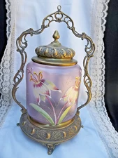 WMF VICTORIAN ART GLASS  BISCUIT CRACKER JAR HAND PAINTED W/ FLOWERS GOLD FRAME