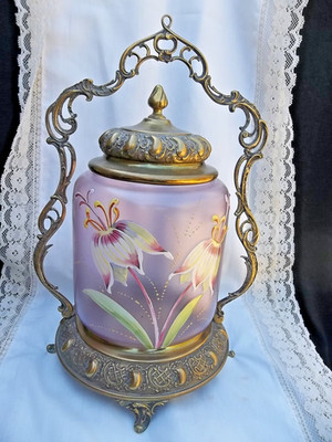 VICTORIAN ART GLASS  BISCUIT /CRACKER JAR HAND PAINTED WITH FLOWERS GOLD FRAME