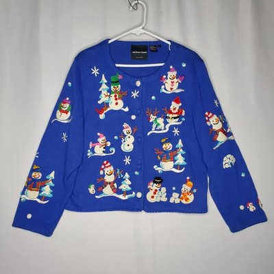 Michael Simon Cardigan Women XL Blue Button Snowman Winter Embroidered Y2K 00s