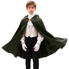 Kids Green Velvet Hooded Medieval Renaissance Cloak Cape for Boys Girls