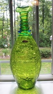 Vintage 18''Blenko Decanter Green Crackle glass w/ blue Coil neck Joel Myers 6838