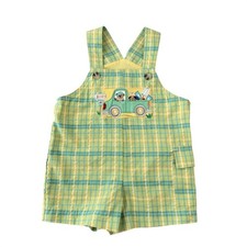 Vintage Baby Boys 6-9M Plaid Shortalls Beach Bear Truck Applique Summer Overalls