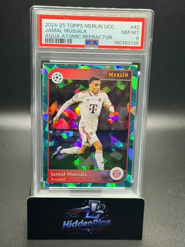 2024-25 Topps Merlin Jamal Musiala Aqua Atomic Refractor 15/75 PSA 8 🔥