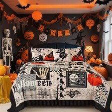 Halloween Quilt Set King Size Bedspread with Pillow King 104"X90" Black Grey