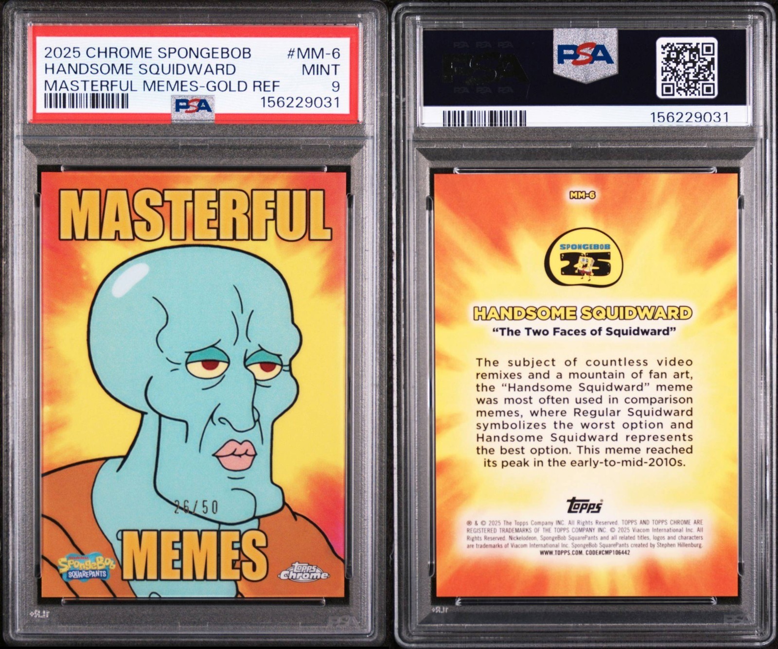 2025 TOPPS CHROME SPONGEBOB MASTERFUL MEMES HANDSOME SQUIDWARD GOLD /50 PSA 9 view 3