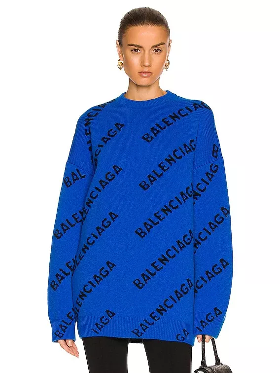 $1500 BALENCIAGA Unisex oversized logo all over sweater blue black eBay