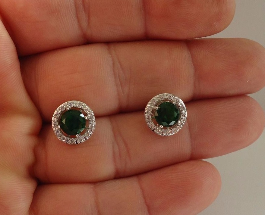 3CT Emerald Stud Earrings in 925 Sterling Silver 11mm Round-image