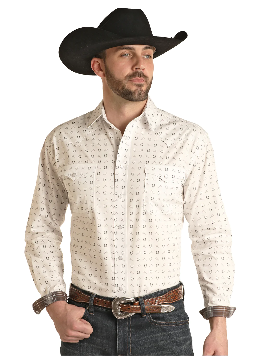 Rock & Roll Denim Men's Horseshoe Longsleeve snap White Shirt