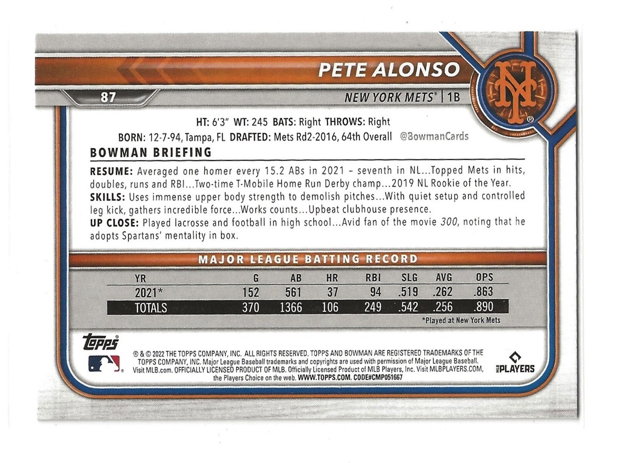 PETE ALONSO 2022 Bowman Base Card New York Mets (#87) | eBay