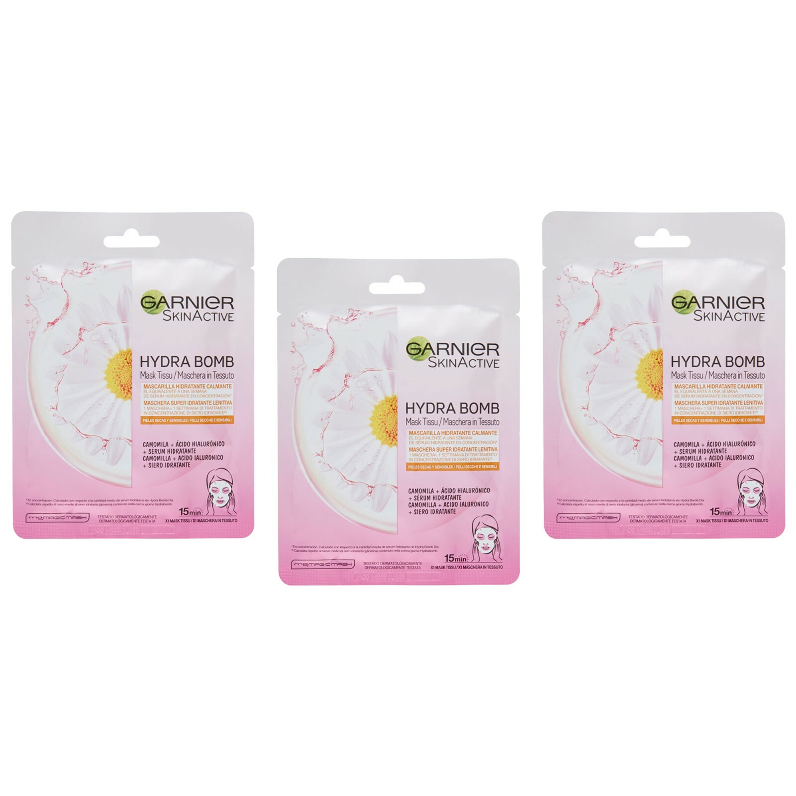 3pz GARNIER SKIN ACTIVE masch.ra viso tessuto HYDRA BOMB idratante lenitiva