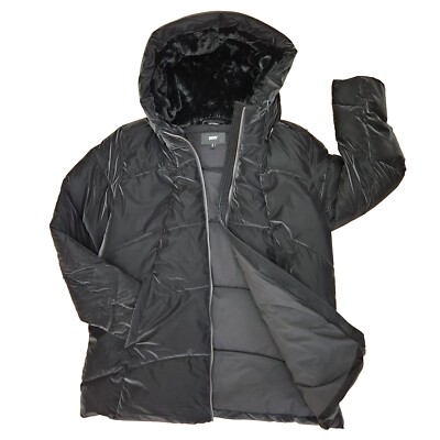DKNY Womens XL Black Hooded Puffer Coat Packable Quilted