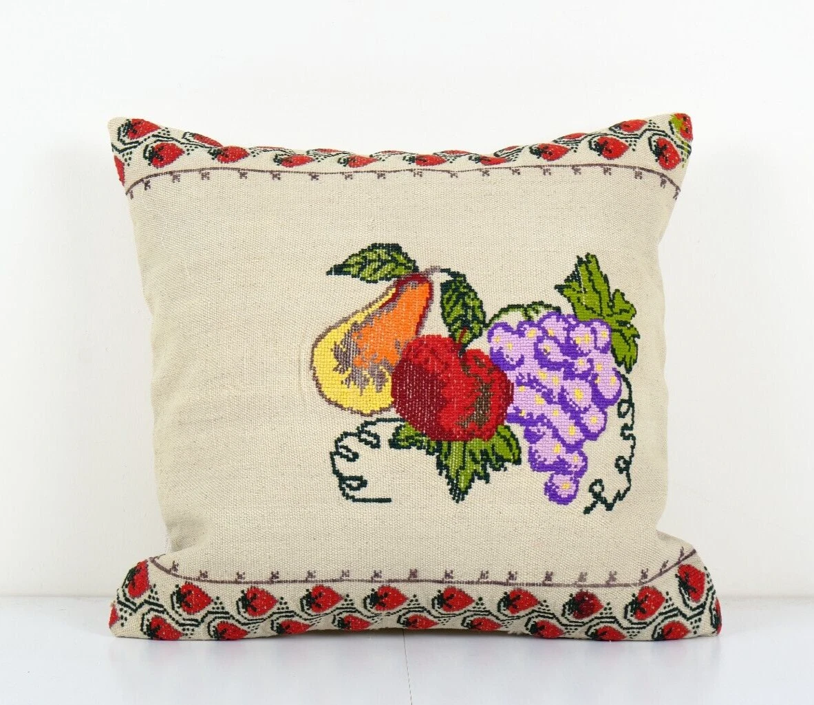 Bohemian Turkish Kilim Pillow with Floral Design, Square Decorative Throw Pillow