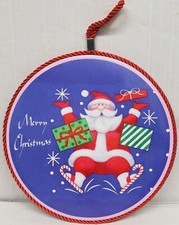 1 Round Plastic Laminated Plaque w/cork back,8 ",MERRY CHRISTMAS, SANTA ON BLUE
