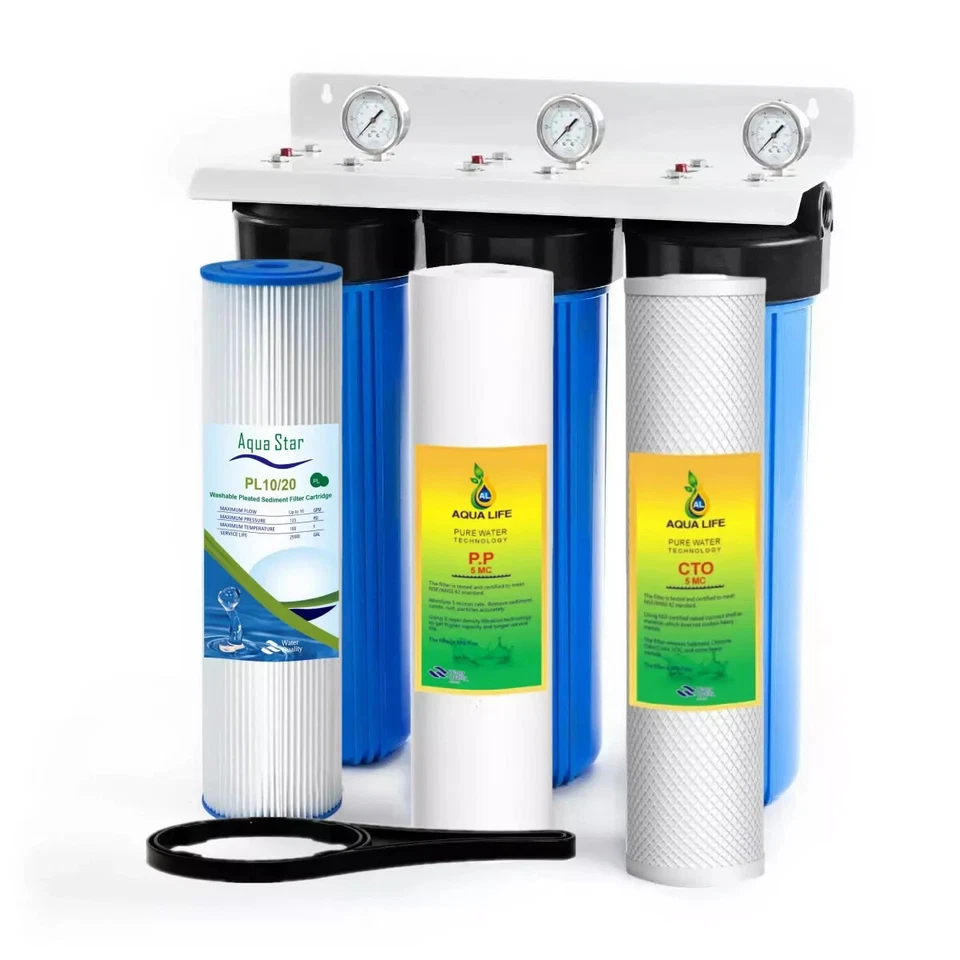 20" x 4.5" Big Blue Triple Whole House Water Filter System 3 stages DOUBLE Oring
