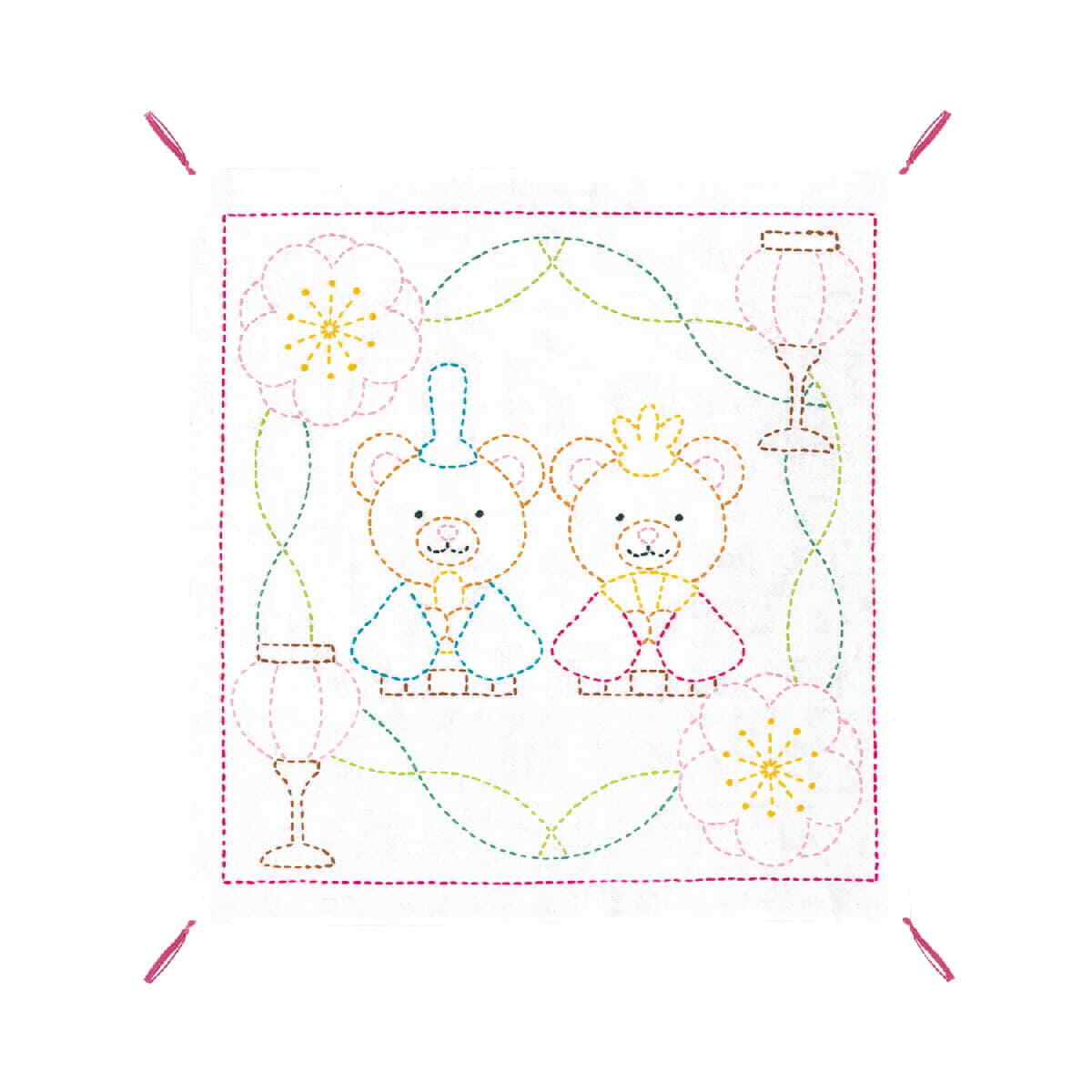 Olympus stamped Sashiko stitch kit ""Hana Fukin Bears Hinamatsuri"", 34x34cm, Orig