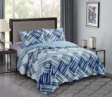 Blue and Grey Stripe Blocks Patchwork, 3-Piece Quilt Set with 2 Shams, Revers...