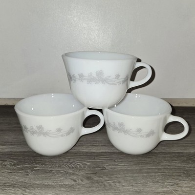 Vintage Corningware-Corelle Ribbon Bouquet Pattern-Milk Glass-Tea Coffee Cups