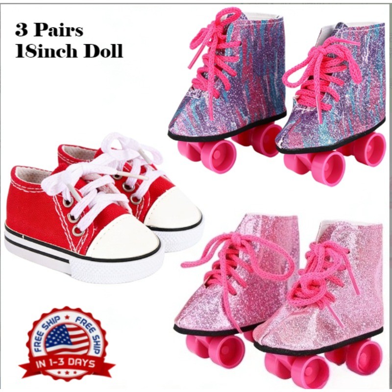 2 Pairs of Doll Roller Skates+1 pair of Red Canvas Tennis Shoes for 18" Dolls