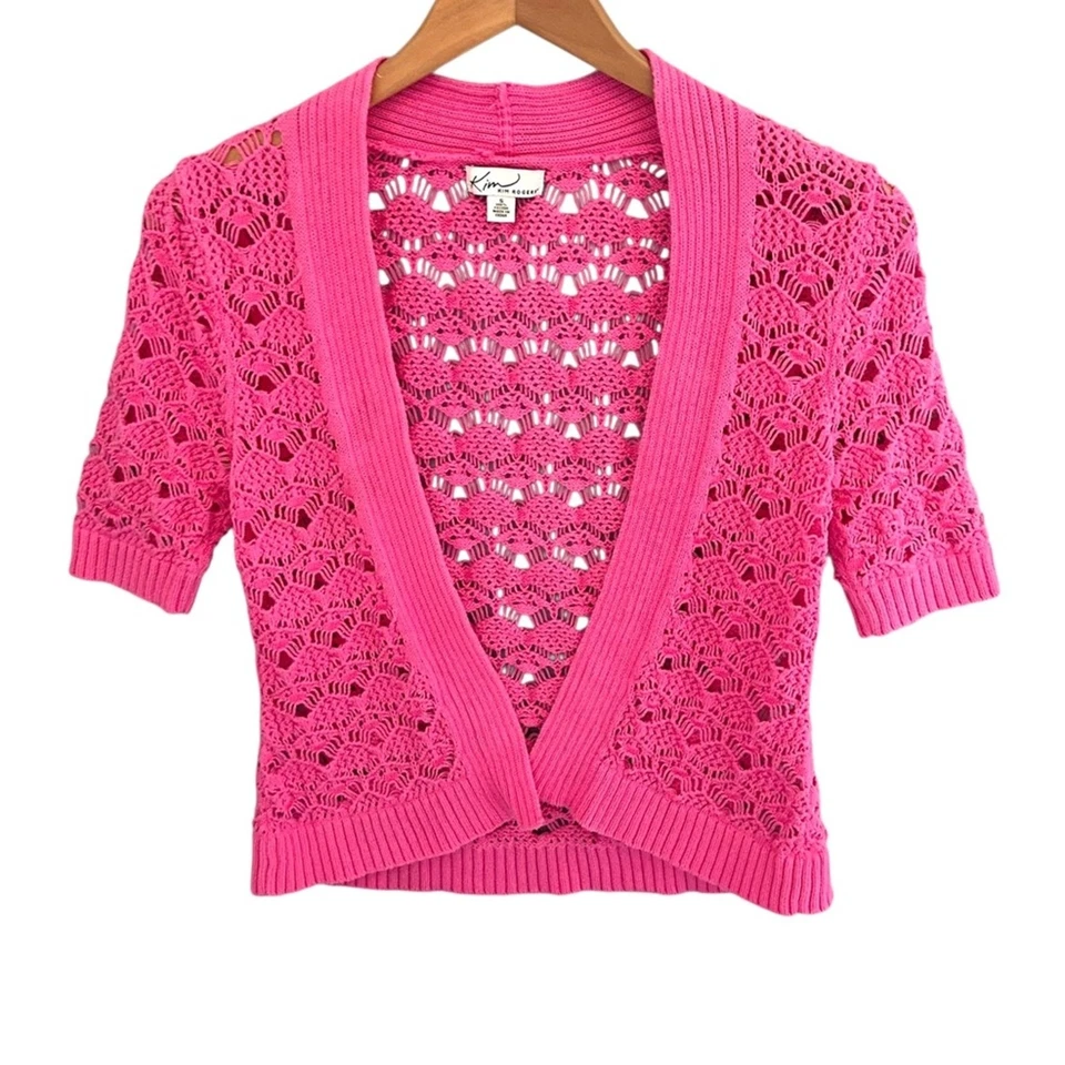 Cárdigan abierto/encogido de hombros rosa vintage Y2K manga corta talla pequeña Foto 2 de 4