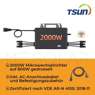 TSUN TSOL-MS2000 (auf 800W gedrosselt) Mikro-Wechselrichter + 5 Meter AC-Kabel