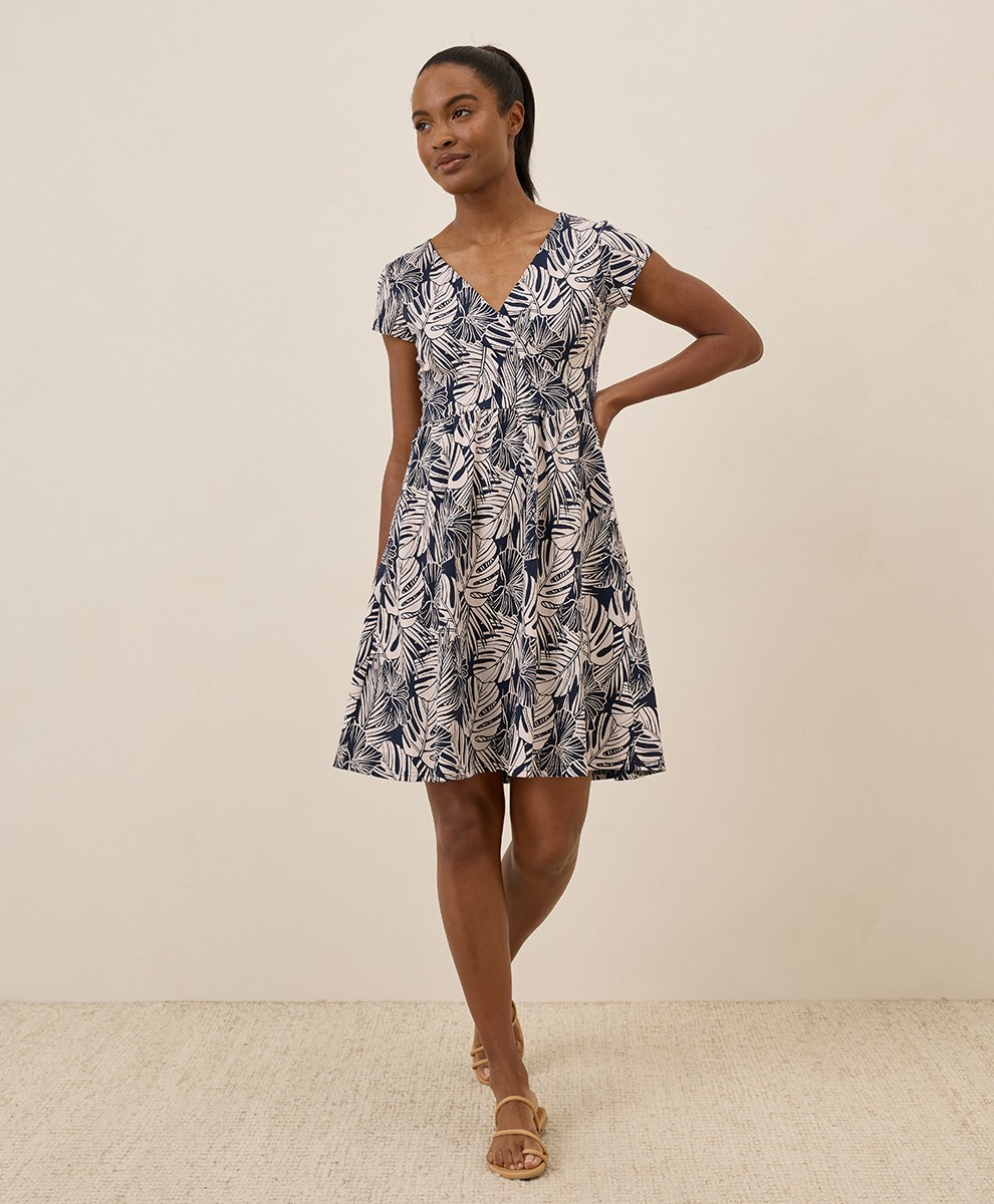 Pact Women's Medium Fit & Flare Crossover Dress Midnight Blue Palms