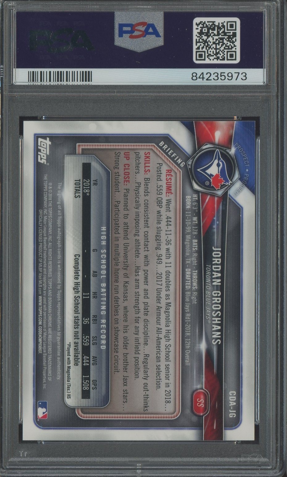 2018 Bowman Chrome DP Purple Refractor Jordan Groshans RC Rookie AUTO /250 PSA 9 view 2