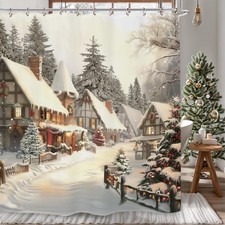 Winter Snow Christmas Shower Curtain 60Wx72L Inch Village Pine Tree Xmas Land...