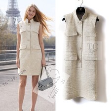 CHANEL 14S Creme Beige Sleeveless Cotton Tweed Dress Karl Lagerfeld 38 US6