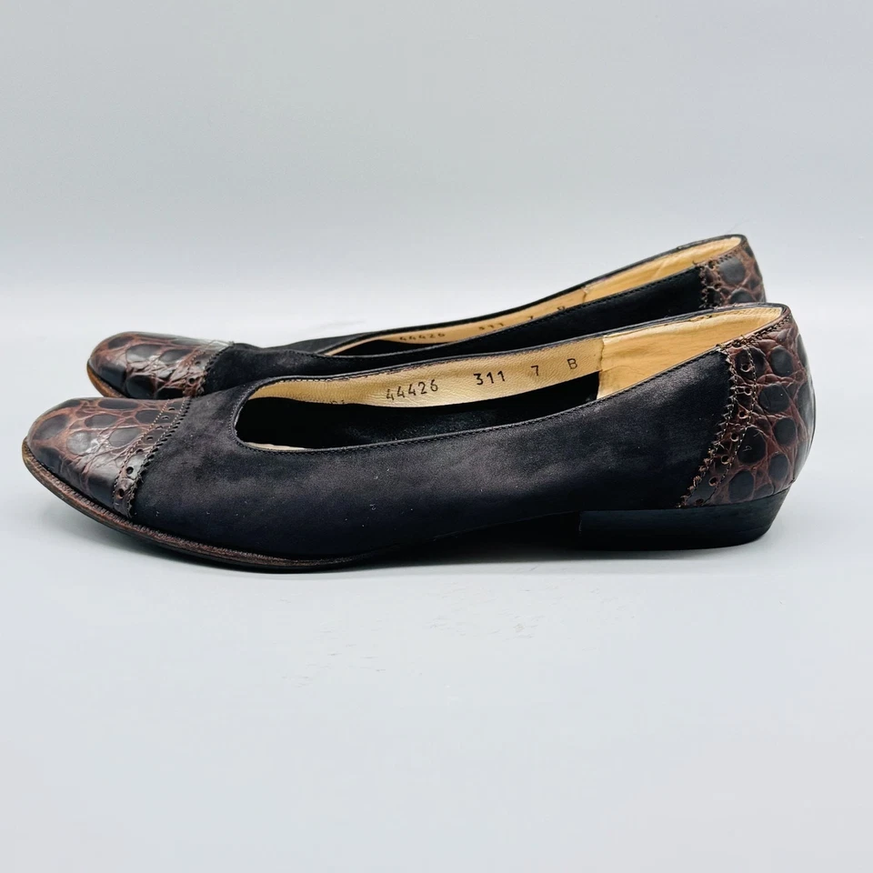 Ferragamo Zapatos Mujer 7 Negro Gamuza Marrón Cocodrilo Cuero Repujado Ballet Italia Foto 4 de 4