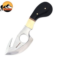 Handmade Full Tang Skinner Knife w/ Horn Handle, Gut Hook & Leather Sheath