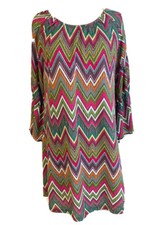 URBAN MANGOS M Colorful Chevron Shift Dress Bell Sleeve Scoop Neck