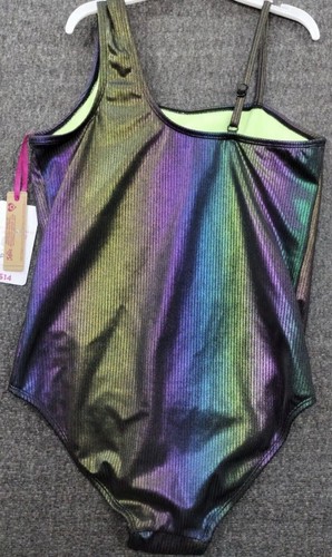 Girl's Justice Sport Shine Swimsuit, Asym Shine, Metallic Blk & Purple. XL, M. - Picture 4 of 4