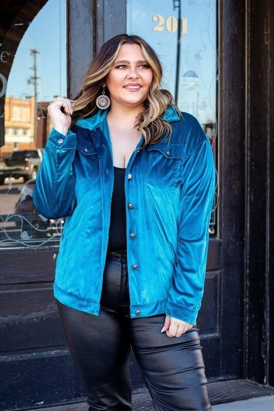 New PLUS SIZE Womens SOFT VELVET JADE BLUE BUTTON DOWN SHIRT JACKET 1X 2X