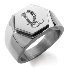 Stainless Steel Royal Initial Monogram Letter Y Mens Hexagon Crest Signet Ring