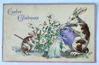 Easter Gladness Anthropomorphic Bunnies Tending a Flower Garden Vtg Postcard C6