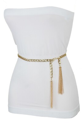 Women Gold Metal Chain Link Fabulous Belt Side Dazzling Fringes Tassel M L XL